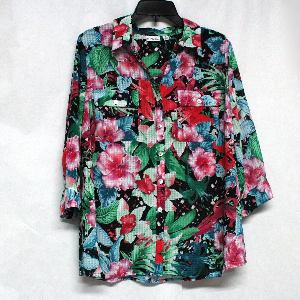 Kim Rogers Woman 1X Women's Collared Button Down Floral Top With Roll Up Sleeves